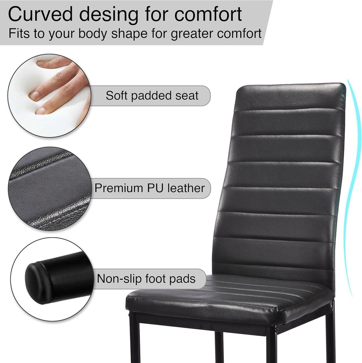 Black chairs dining room soft padded premium PU leather black legs stylish and comfortable.