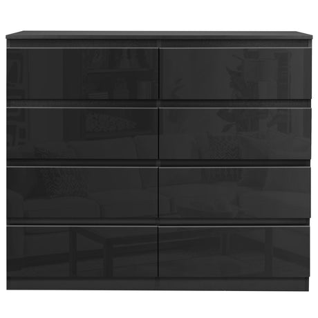 Black chest of drawers wide design, offering ample storage with a sleek modern look.