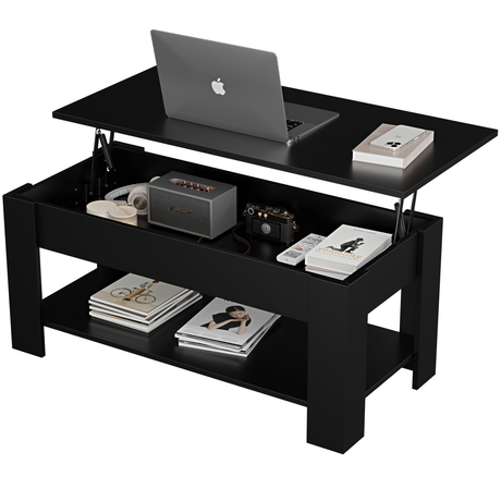 Black coffee table modern with a sleek design, lift-top feature, and spacious lower shelf storage.