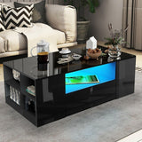 Modern black coffee table with LED lighting, storage shelves, and stylish living room decor