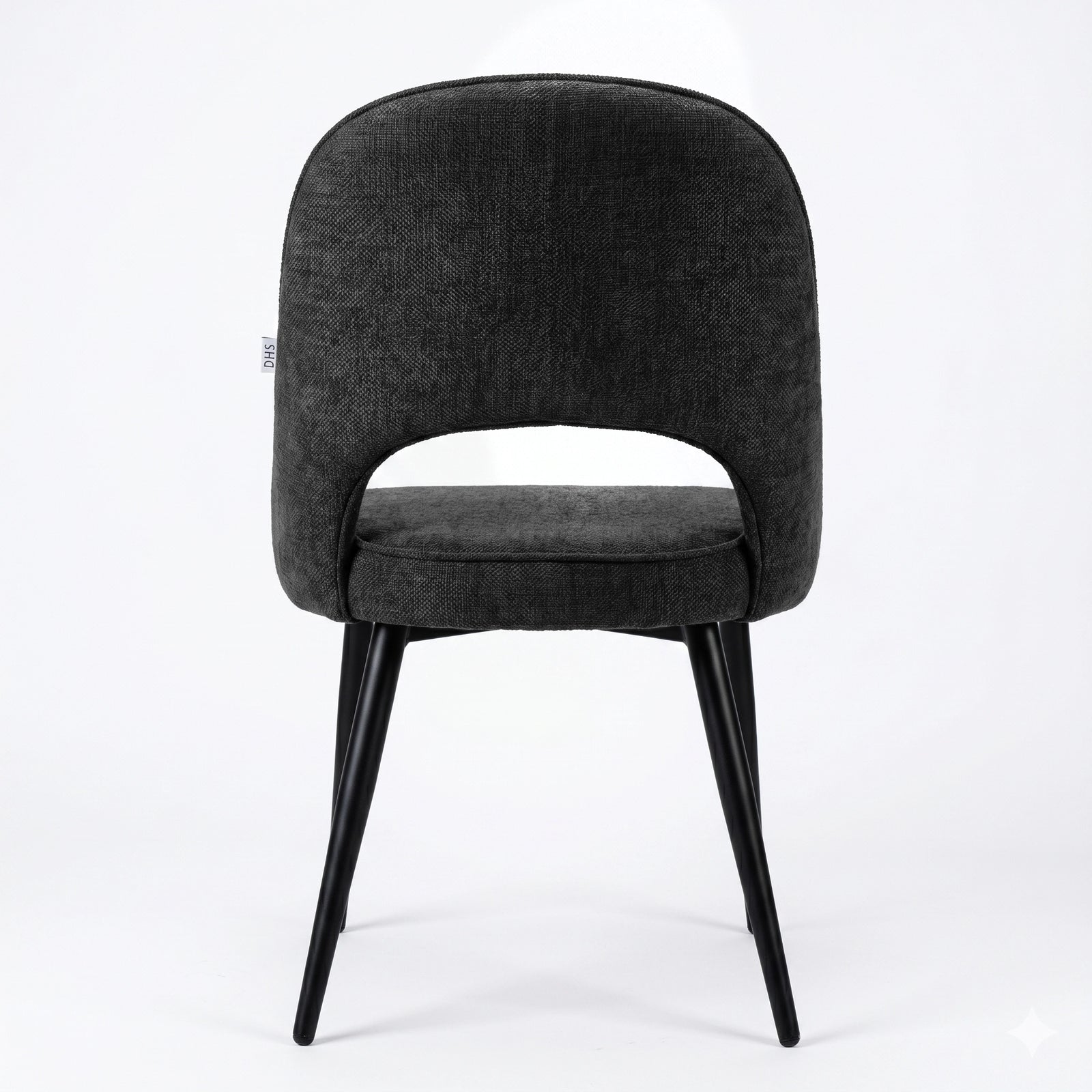 [Black | Set of 2] Rear view of the comfy black dining room chair with rounded open back, piped seat & four black metal legs.