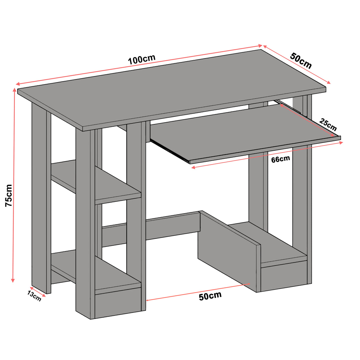 Black desk with dimensions marked on a white background