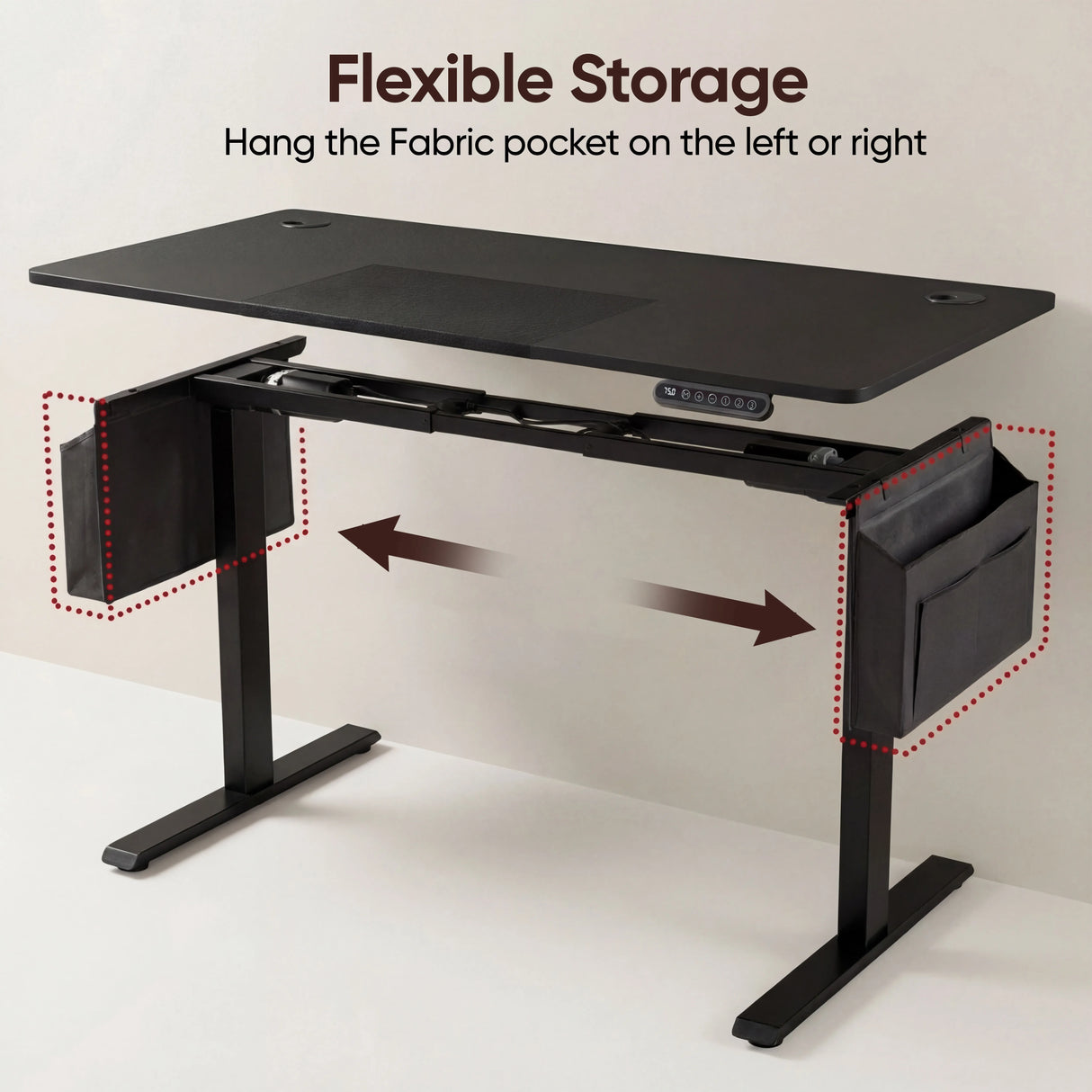 Black Electric Standing Desk with flexible side storage. Fabric pockets can be mounted on either side for customizable organization.