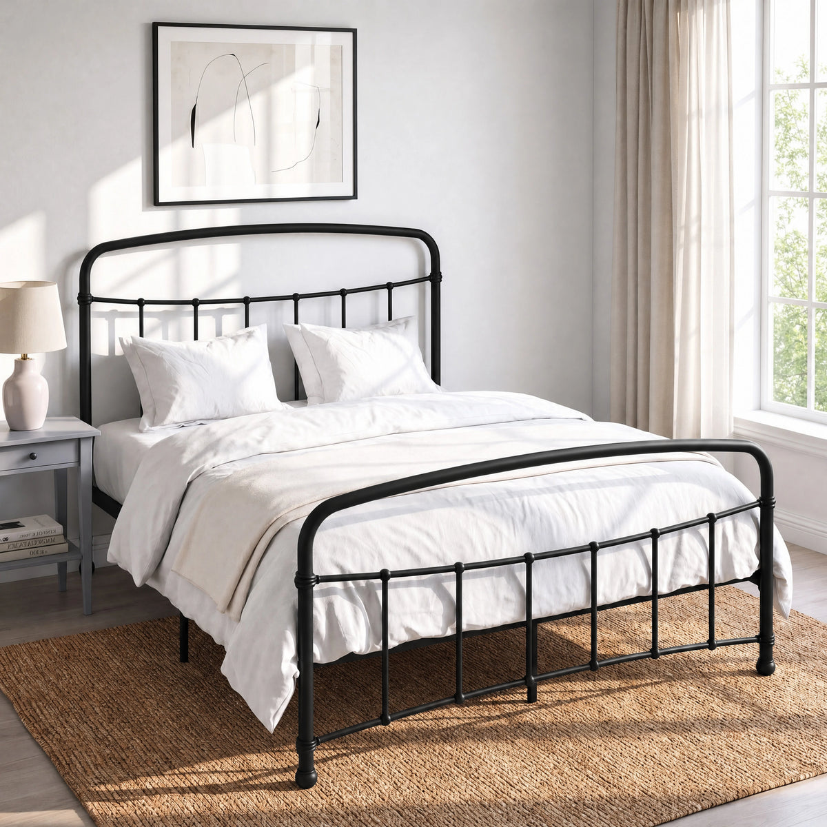 [Black | Double] Black metal bed frame with curved rails and white bedding, shown at a 3/4 Angle in bright bedroom.
