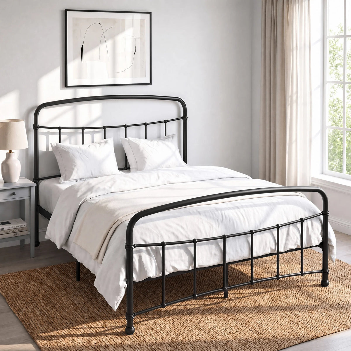 [Black | Double] Black metal bed frame with curved rails and white bedding, shown at a 3/4 Angle in bright bedroom.