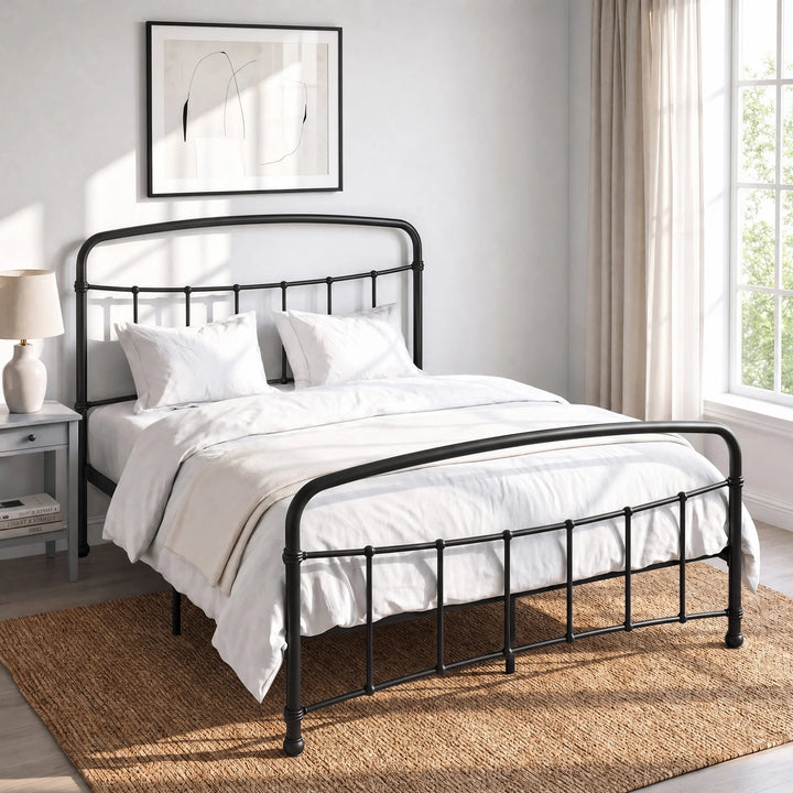 [Black | Double] Black metal bed frame with curved rails and white bedding, shown at a 3/4 Angle in bright bedroom.