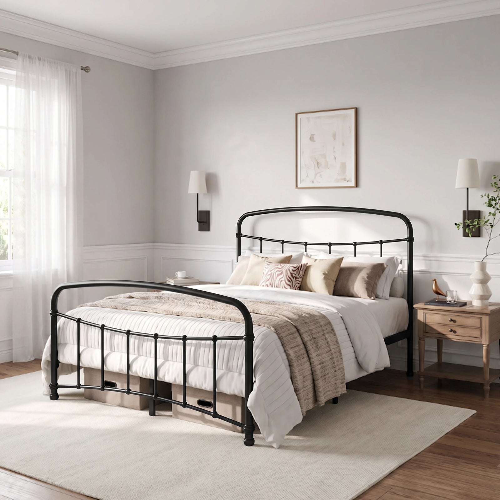 [Black | Double] Black metal bed frame with white bedding, wooden side tables and a woven rug in a bright bedroom.
