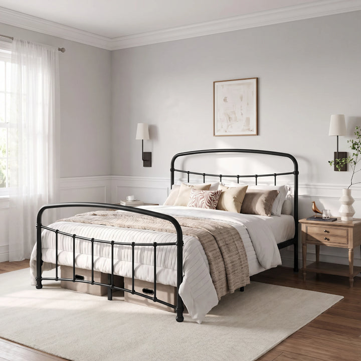 [Black | Double] Black metal bed frame with white bedding, wooden side tables and a woven rug in a bright bedroom.