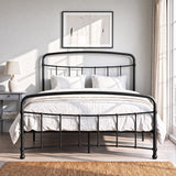 [Black | Double] Front view of a black metal bed frame with curved rails and white bedding in a bright bedroom.