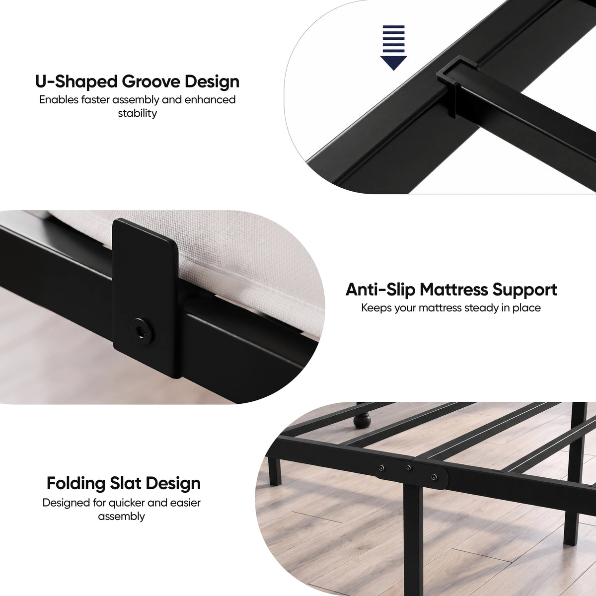 [Black | Double] Graphic showing U-shaped frame joints, anti-slip mattress supports and folding metal slats.
