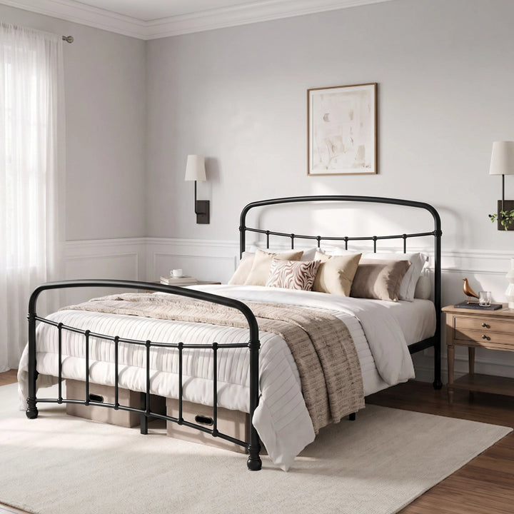 [Black | Double] Black metal bed frame with white bedding, wooden side tables and a woven rug in a bright bedroom.