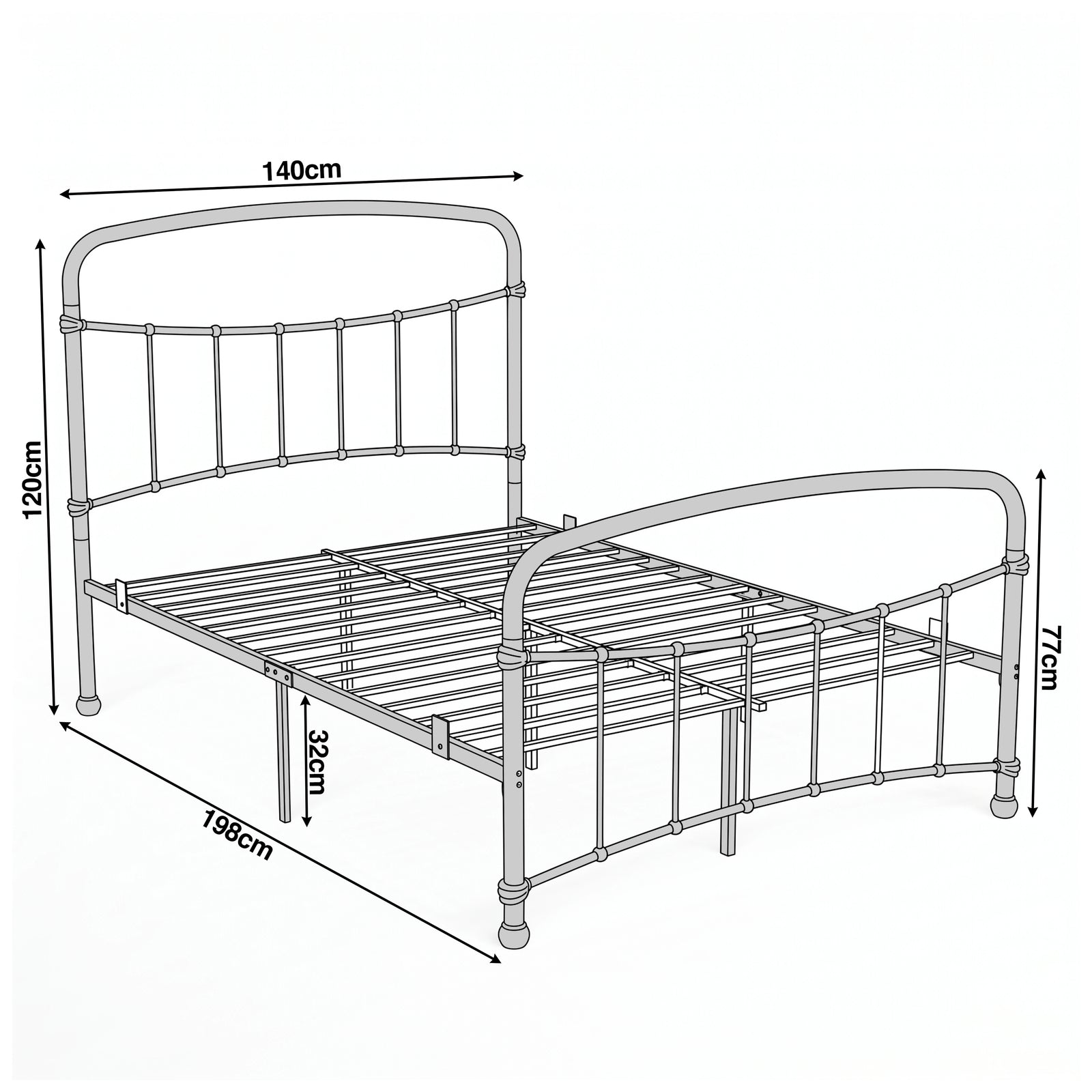 [Black | Double] Dimension of a bed frame, 140cm(W) x 198 cm (L) x 32 cm (H), with head height 120 cm, foot height 77 cm.