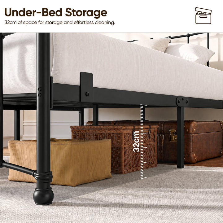 [Black | Double] Graphic showing 32 cm space under the black bed frame, with baskets and luggage stored below.