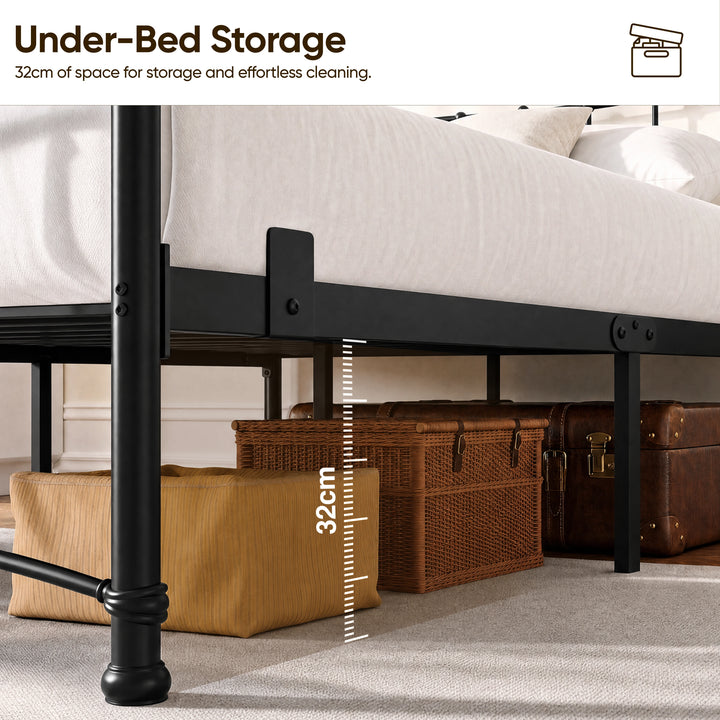 [Black | Double] Graphic showing 32 cm space under the black bed frame, with baskets and luggage stored below.