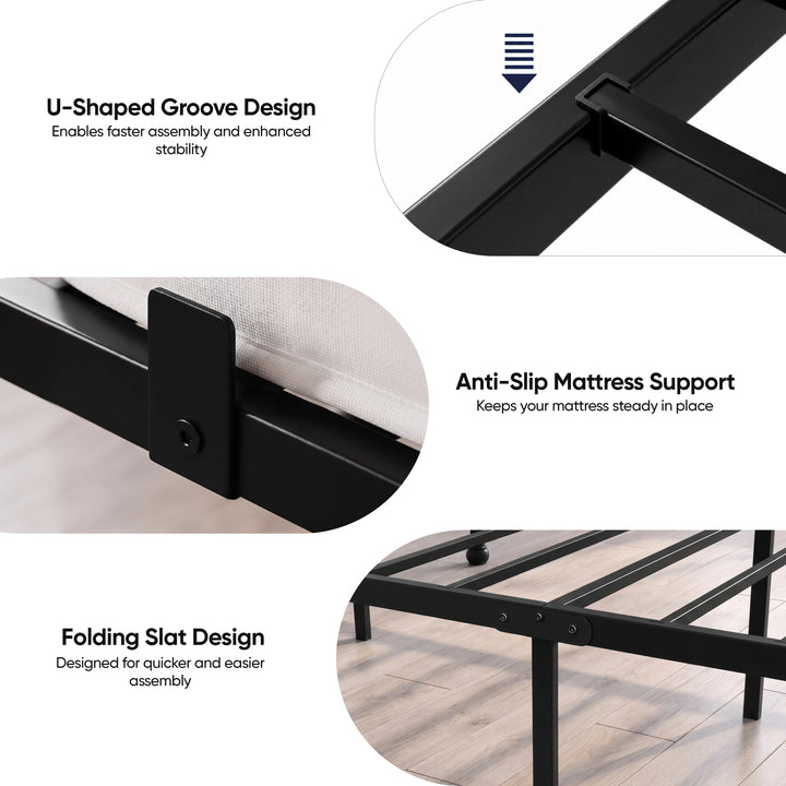 [Black | King] Graphic showing U-shaped frame joints, anti-slip mattress supports and folding metal slats.