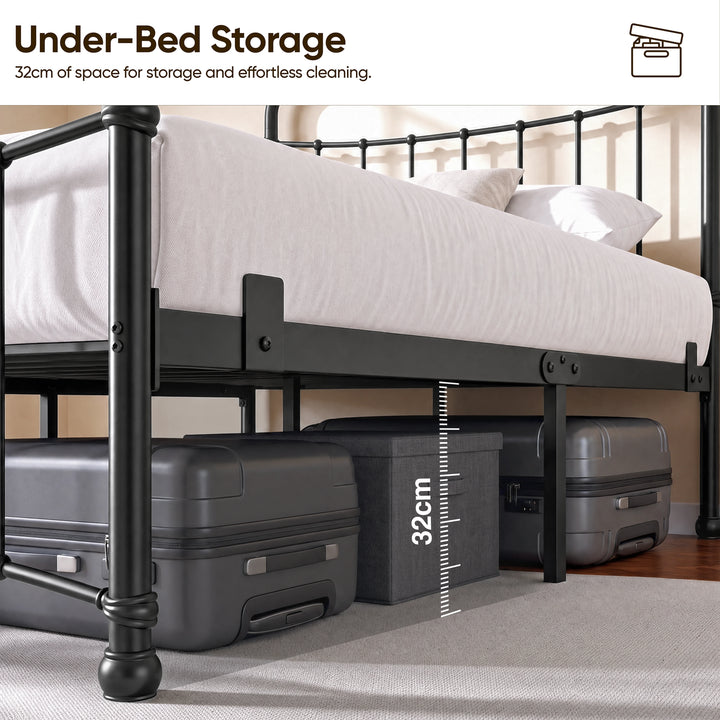 [Black | King] Graphic showing 32 cm space under the black bed frame, with baskets and luggage stored below.