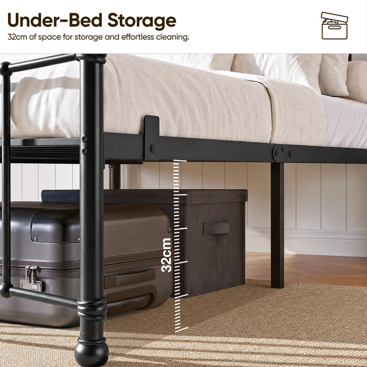 [Black | Single] Graphic showing 32 cm space under the black bed frame, with baskets and luggage stored below.