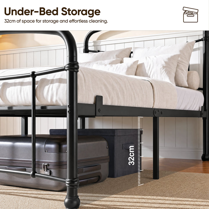 [Black | Single] Graphic showing 32 cm space under the black bed frame, with baskets and luggage stored below.