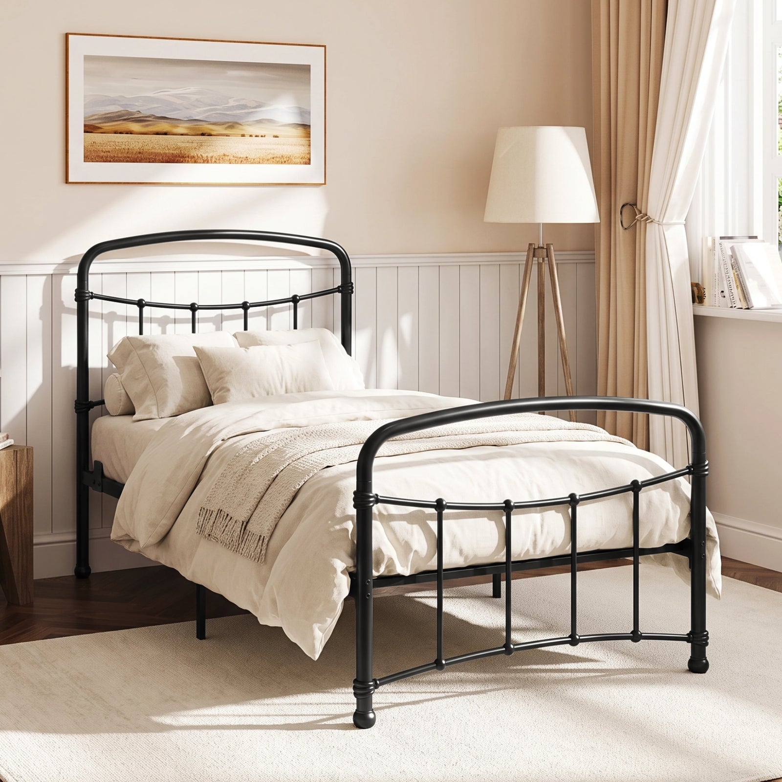 [Black | Single] Black metal bed frame with curved rails and white bedding, shown at a 3/4 Angle in bright bedroom.