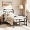 [Black | Single] Black metal bed frame with curved rails and white bedding, shown at a 3/4 Angle in bright bedroom.