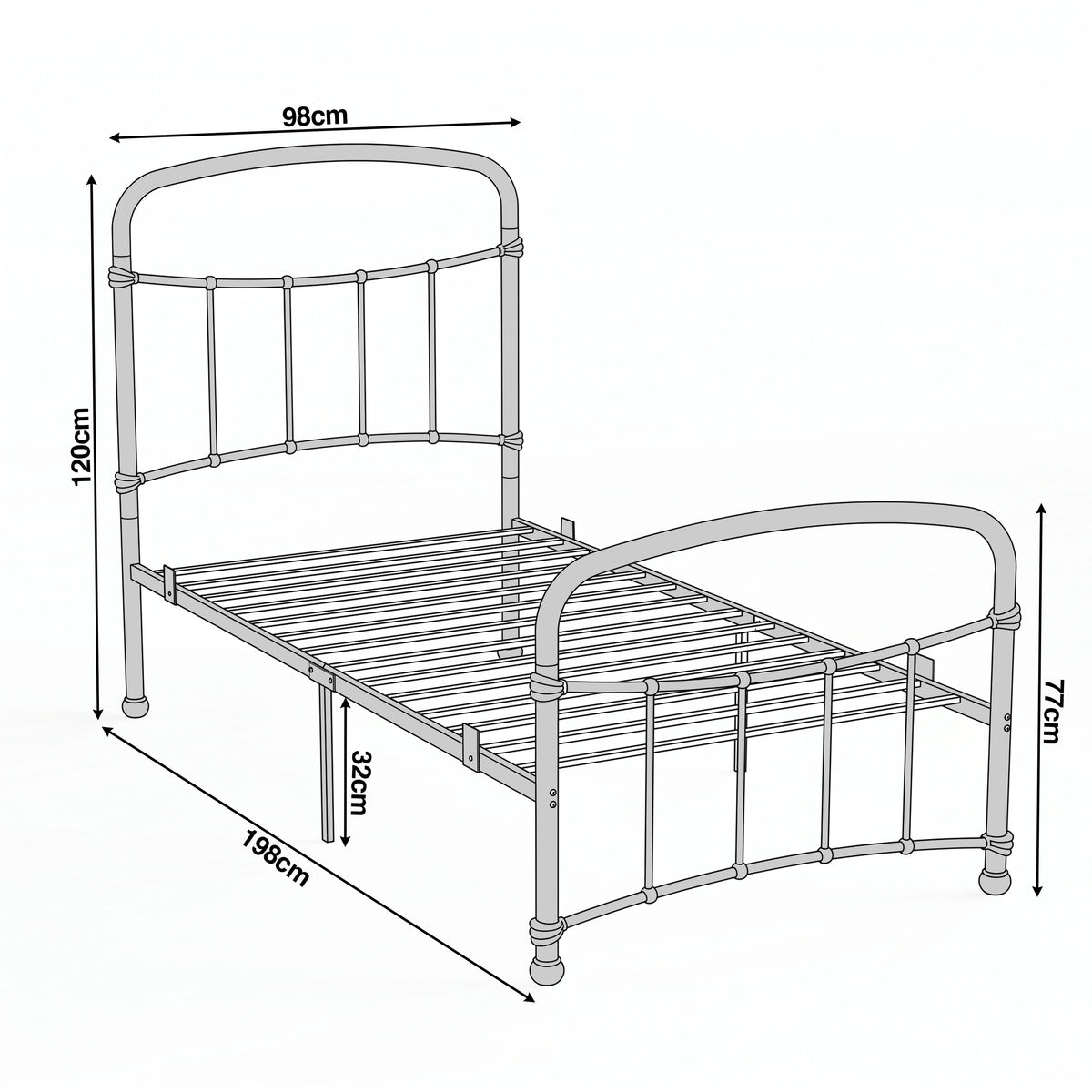 [Black | Single] Dimension of a bed frame, 98cm(W) x 198 cm (L), with 32 cm clearance, headboard H120 cm, footboard H77 cm.
