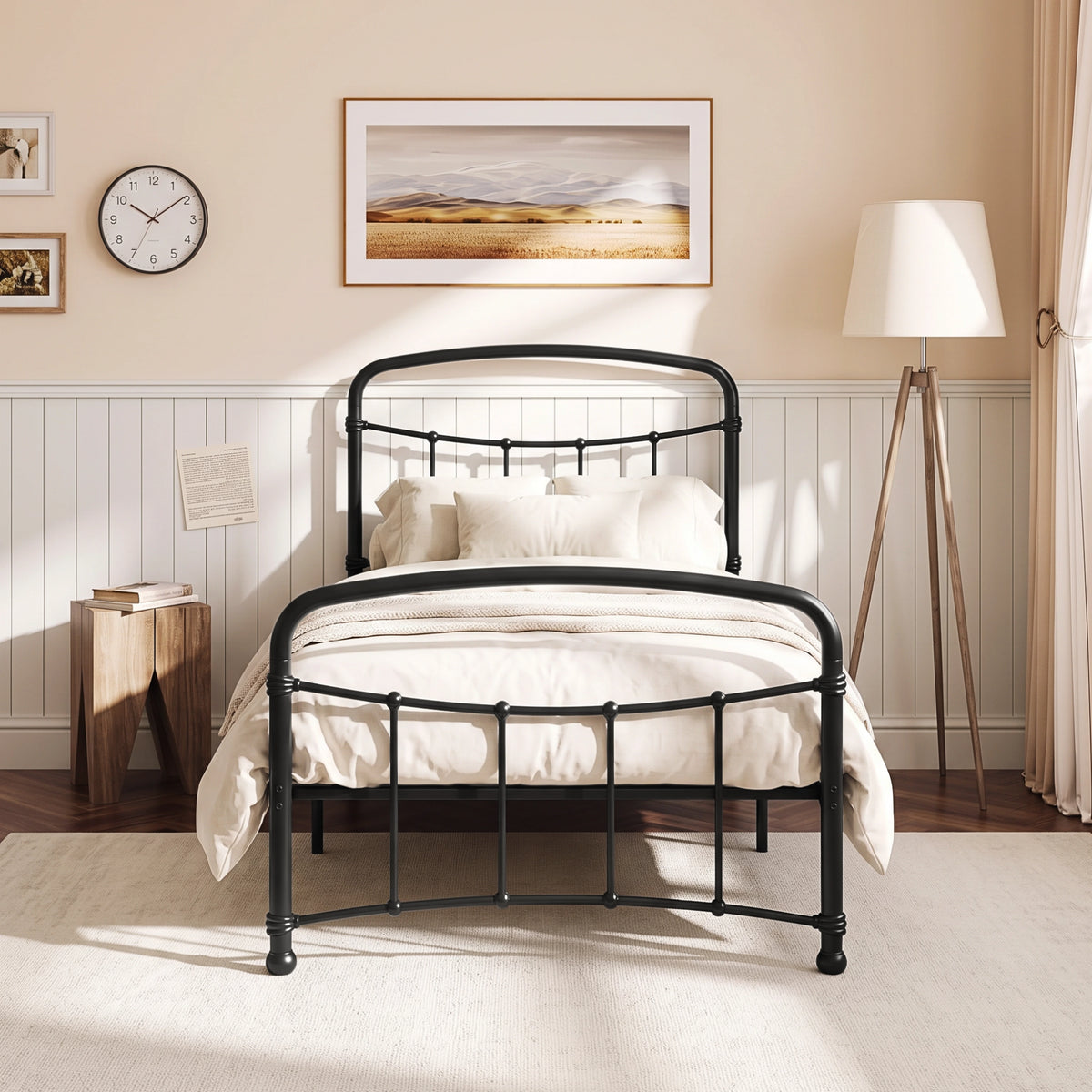 [Black | Single] Front view of a black metal bed frame with curved rails and white bedding in a bright bedroom.