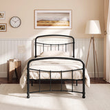 [Black | Single] Front view of a black metal bed frame with curved rails and white bedding in a bright bedroom.