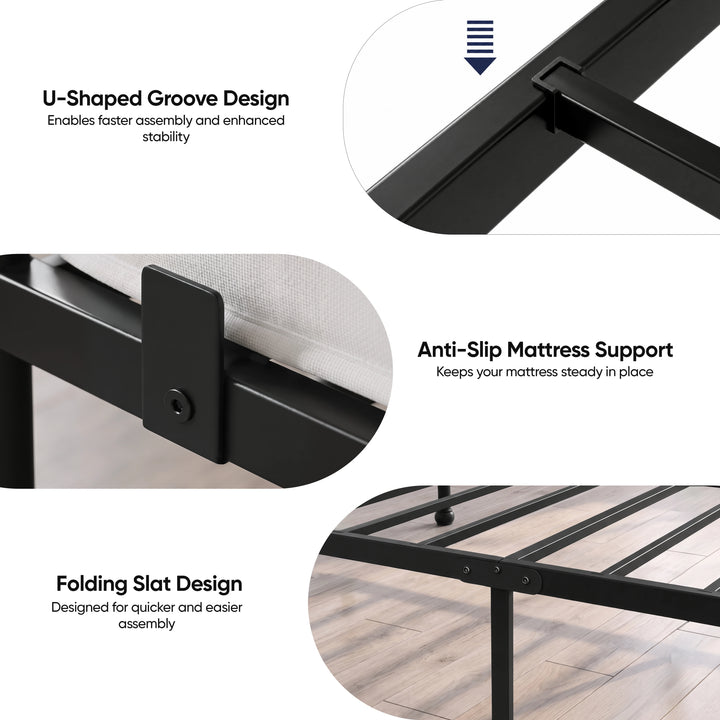 [Black | Single] Graphic showing U-shaped frame joints, anti-slip mattress supports and folding metal slats.