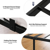 [Black | Single] Graphic showing U-shaped frame joints, anti-slip mattress supports and folding metal slats.
