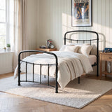 [Black | Single] Black metal bed frame with white bedding, wooden side tables and a woven rug in a bright bedroom.