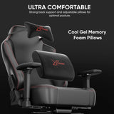Gaming chair with cool gel memory foam pillows on a black background