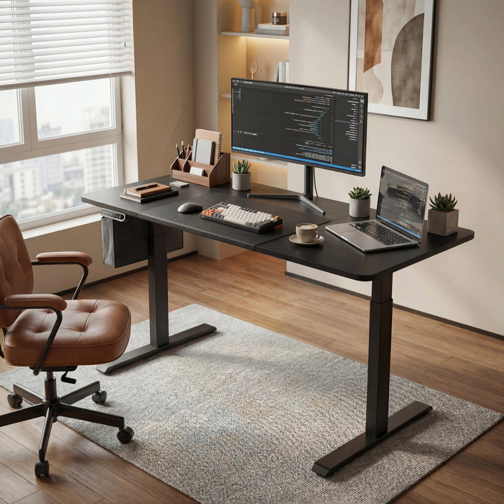 [140cm x 60cm] wide angle of 140cm black electric desk by tall window with chair pulled in and framed art above