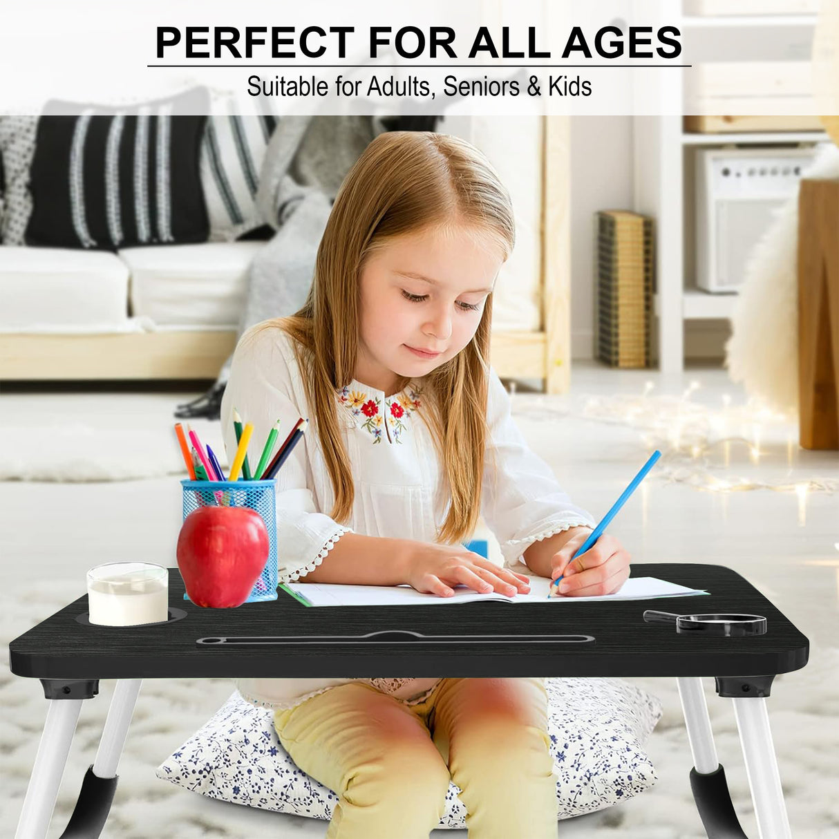 Black desk table, perfect for all ages, offering a sleek and functional design.