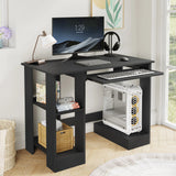 Home Office Computer Desk With Shelves For Working, Reading & Gaming in black finish, featuring a pull-out keyboard tray, monitor, and PC tower setup.