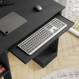 Home office computer desk with pull-out keyboard tray in black finish, featuring side shelves for storage and a compact design ideal for small spaces.