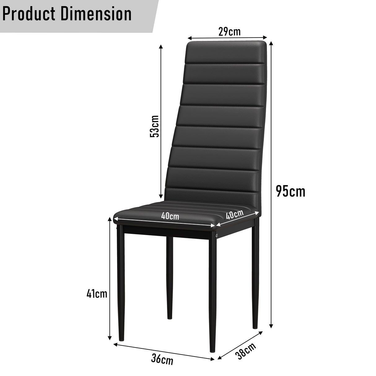 Black PU leather dining chair with high backrest and metal legs, part of the modern 4-6 seater white dining table and chairs set.