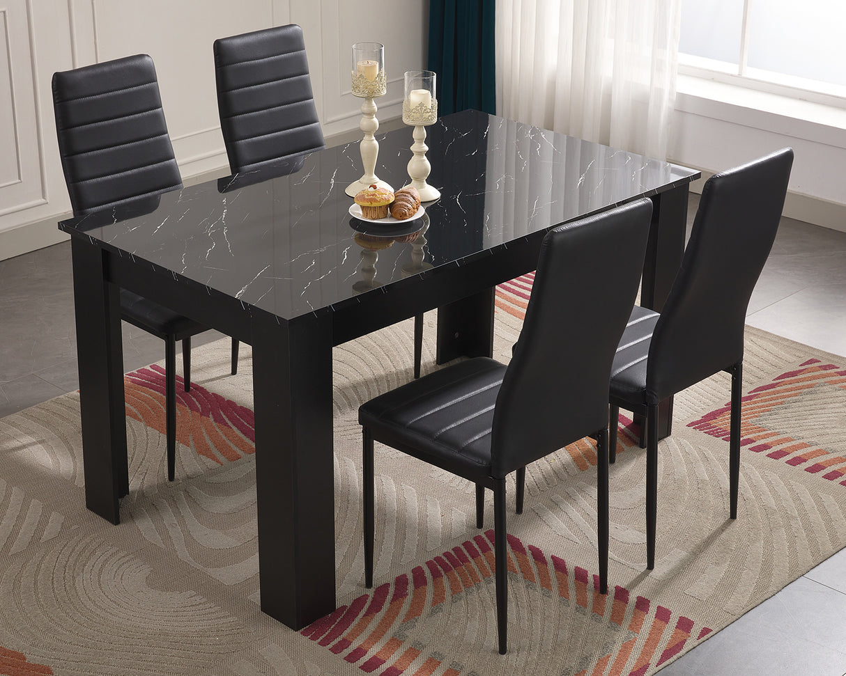 Set of 4 black dining chairs with matching table, sleek design for modern dining rooms.