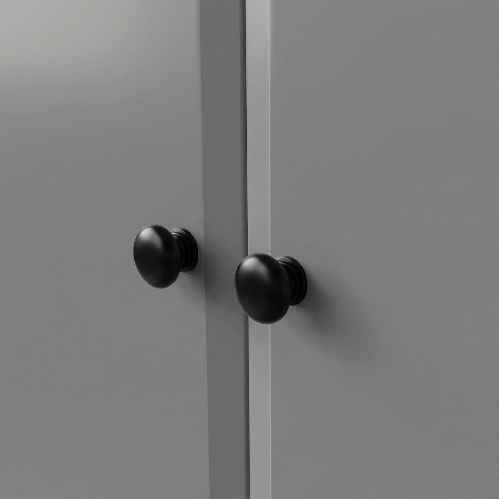 [Grey] Haven Grey 2 Door Double Wardrobe with Shelves and Hanging Rail detailed look at the round black door handles.