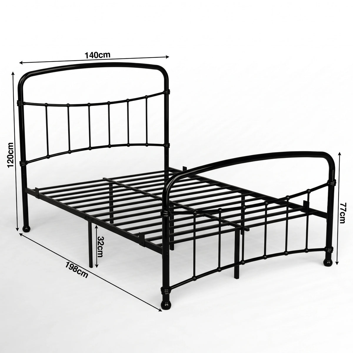 [Black | Double] Size diagram showing 140x198cm frame, 120cm headboard, 77cm footboard, and 32cm under-bed clearance.