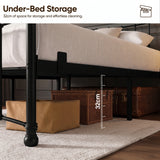 [Black | Double] Storage graphic showing a cushion, wicker basket, and suitcase beneath the bed, with 32cm clearance marked.
