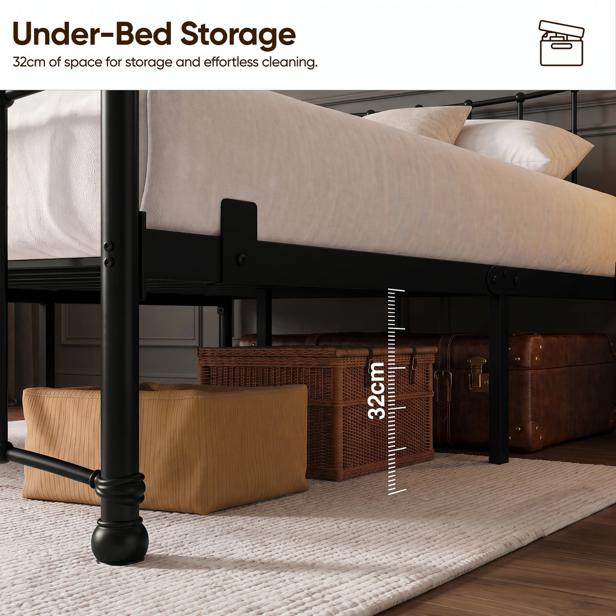 [Black | Double] Storage graphic showing a cushion, wicker basket, and suitcase beneath the bed, with 32cm clearance marked.