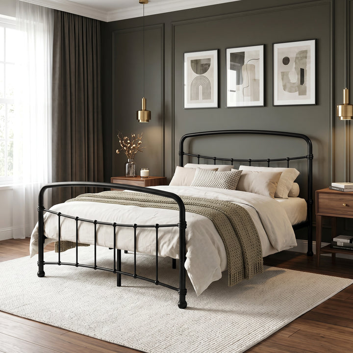 [Black | Double] Angled bedroom view showing curved rails, bedding, knitted throw, pendant lights, framed art, and window.