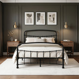 [Black | Double] Front view showing curved headboard and footboard, bedside tables, pendant lights, cushion, and rug.