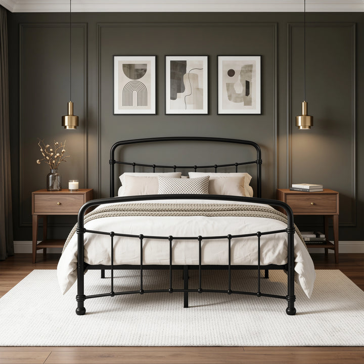[Black | Double] Front view showing curved headboard and footboard, bedside tables, pendant lights, cushion, and rug.