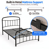 [Black | Double] Mattress support graphic showing metal slats, raised stop close-up, and diagrams comparing mattress sliding.