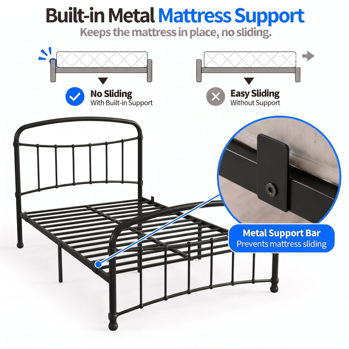 [Black | Double] Mattress support graphic showing metal slats, raised stop close-up, and diagrams comparing mattress sliding.