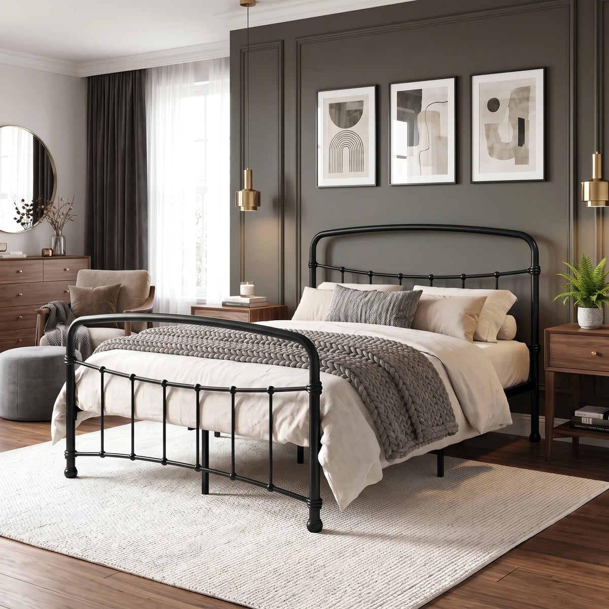 [Black | Double] Wide bedroom view showing curved rails, chunky throw, armchair, footstool, dresser, round mirror, and fern.
