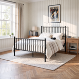 [Black | Double] Black metal bed frame with cream bedding, tall bar headboard, matching footboard and centre support legs.