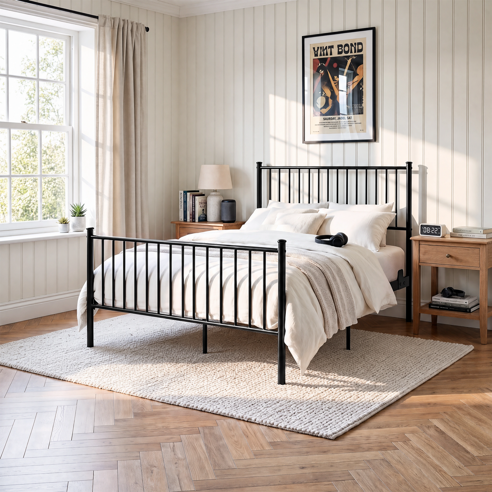 [Black | Double] Black metal bed frame with cream bedding, tall bar headboard, matching footboard and centre support legs.