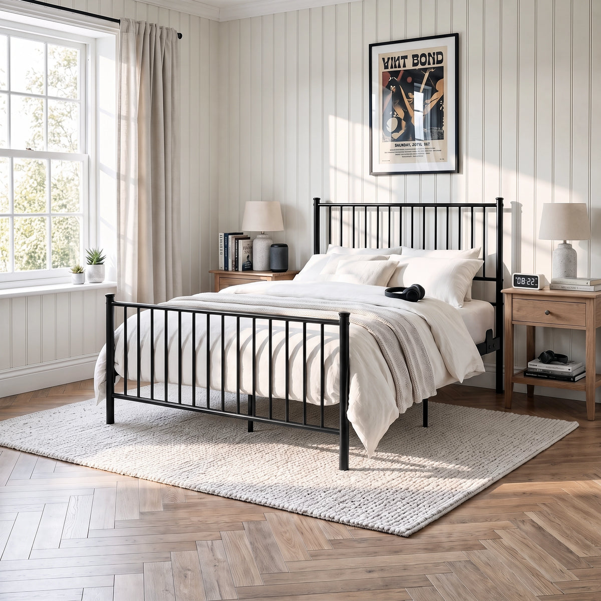 [Black | Double] Black metal double bed with tall bar headboard, matching footboard, cream bedding & centre leg